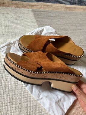 Chloe Suede Platform Slide Mules in Cognac Brown
